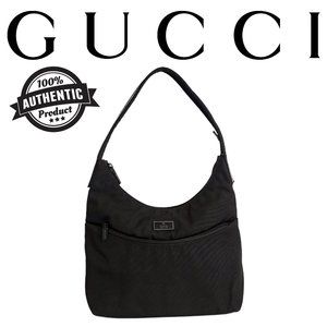 Gucci Canvas Leather trimmed Hobo Shoulder Bag Black